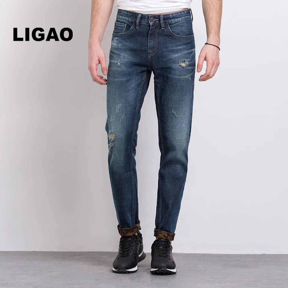 LIGAO Men's Jeans Washable Elastic Pants Scrached Cropped Ripped Hole