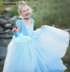 Фатиновое платье Золушки с цветочным узором для девочек, блестящая Кепка с блестками, с рукавами, голубое элегантное платье принцессы