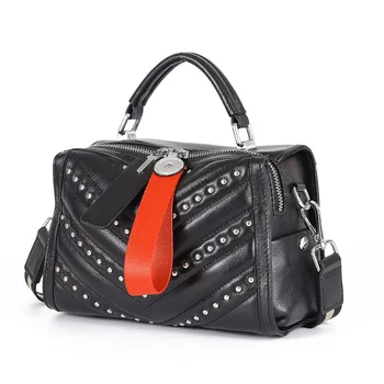 

Genuine Leather Women Bag Fashion Rivet Shoulder Messenger Bag Simple Small Square Bags Cowhide Leather Handbag Large Capacity