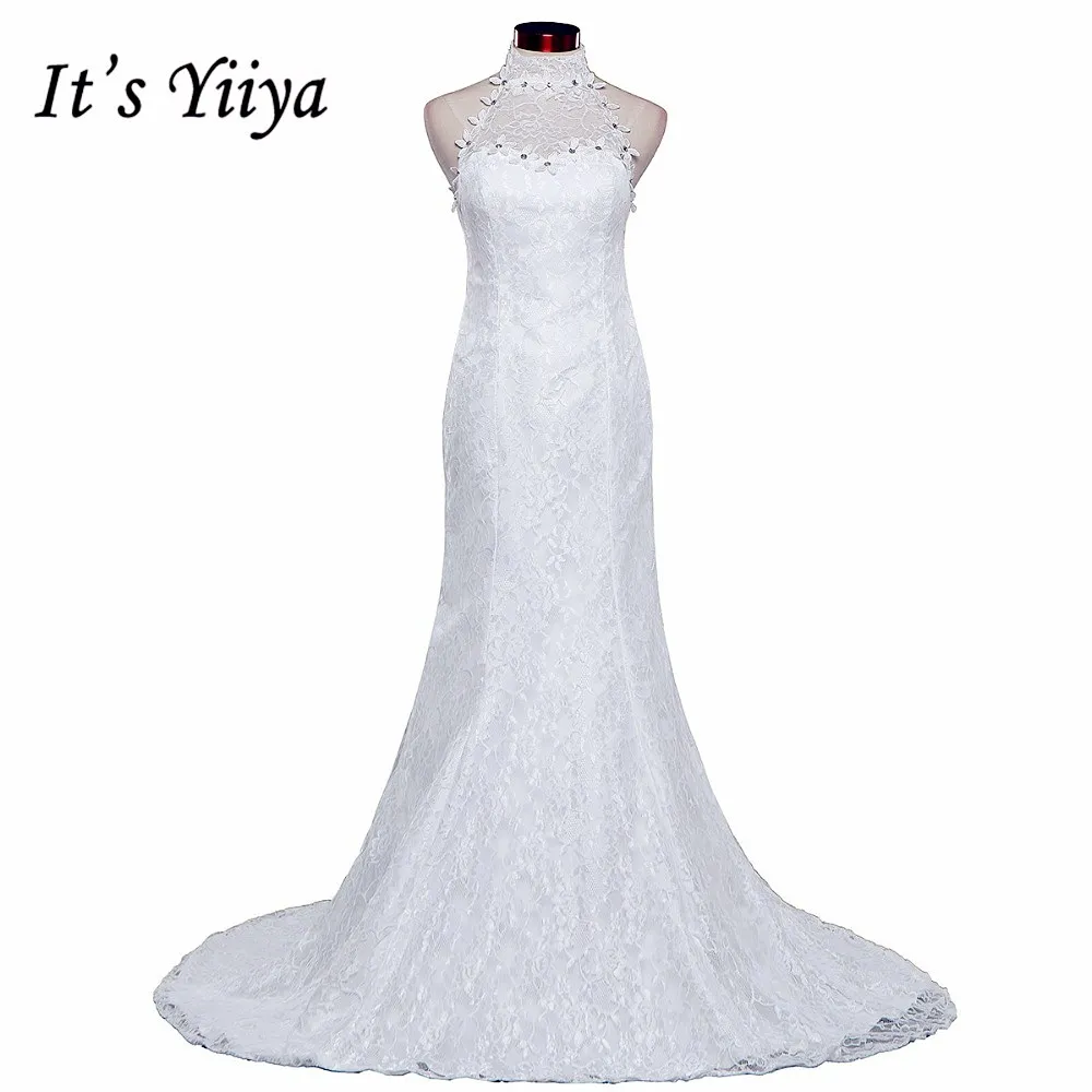 Free shipping New Train White Red Mermaid Wedding Dresses Trailing Halt Neck Vestidos De Novia Short Sleeves Bride Gowns XXN165