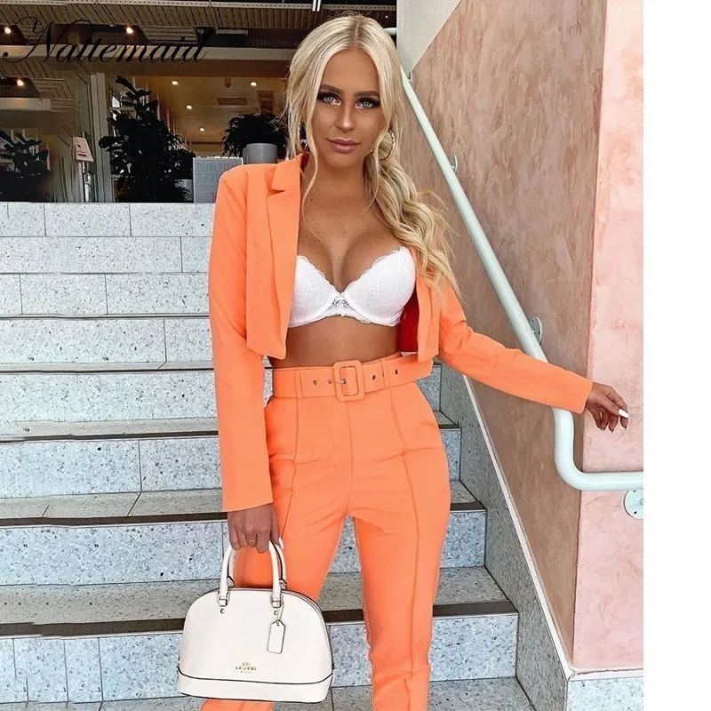 

NATTEMAID Long Sleeve Casual Two Piece Set Jacket And Pants Nightclub Sexy Women Set With Belt Ladies 2 Piece Set Women Outfits