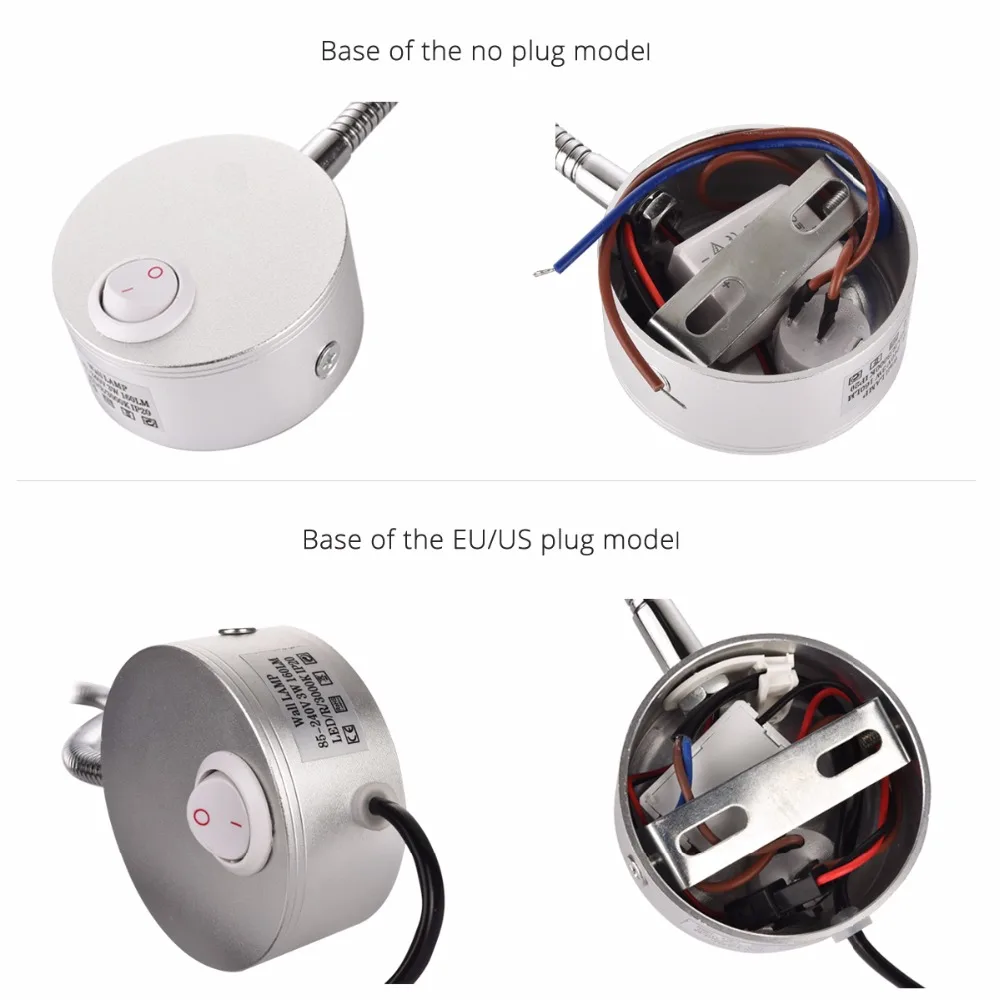 Светодиодный настенный светильник, 3W, современный прикроватный светильник для спальни, для чтения, для учебы, для книг, черный, серебристый светильник, настенный светильник, EU, US, штекер, шнур