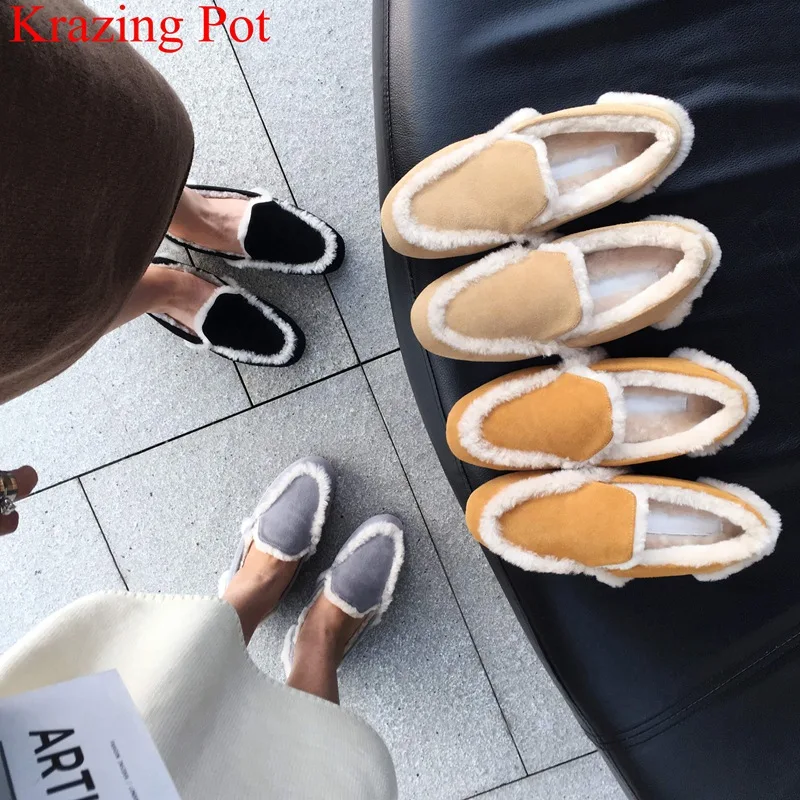 

2019 new genuine leather sweet shearling slip on loafers vocation brand high quality winter shoes keep warm fur women flats L29