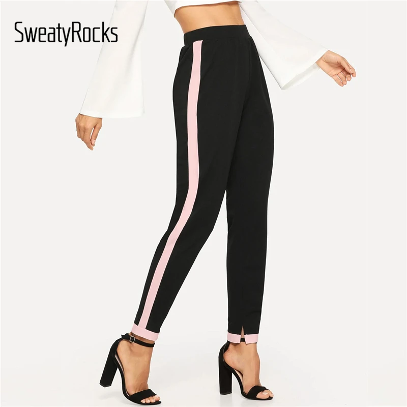SweatyRocks/черные брюки с контрастной панелью и разрезом; уличная одежда; женские брюки с цветным блоком; 2019 весенние обтягивающие повседневные