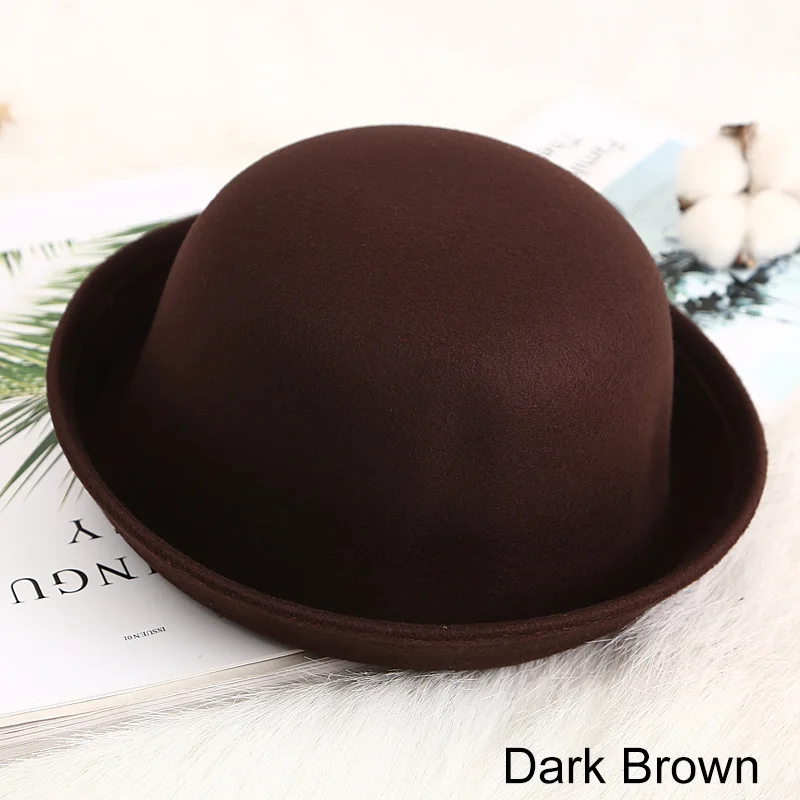 REAKIDS/Детские зимние классические винтажные теплые детские фетровые кепки в стиле джаз; повседневные хлопковые однотонные милые уличные шапки; маленькие шляпы - Цвет: Dark Brown