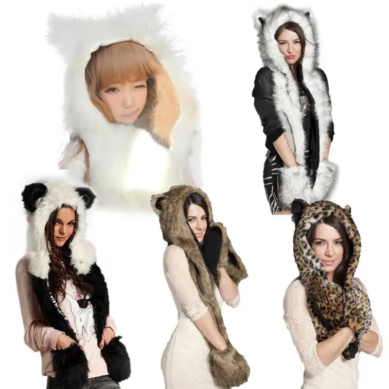 Зимние теплые Для женщин Шарфы для женщин Кепки животного Волк тигр капюшон шарф, шляпа, перчатки набор дамы Обувь для девочек Кепки s