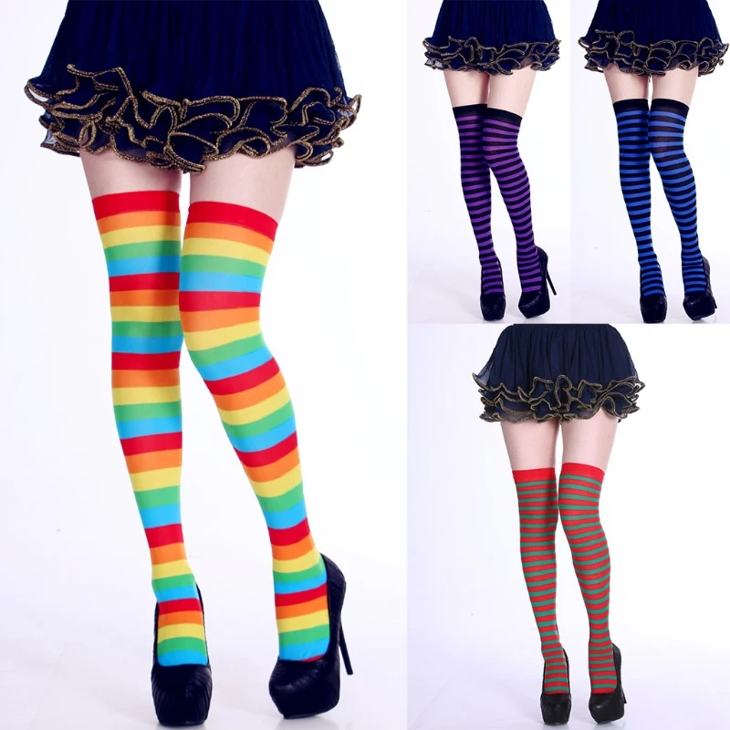 

Womens Long Striped Socks Contrast Color Thigh High Cosplay Halloween
