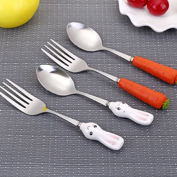 

Rabbit Carrot Baby Dishes Stainless Steel Baby Spoon Fork Set Dinnerware Cartoon Baby Feeding Training Tableware Children Spoon