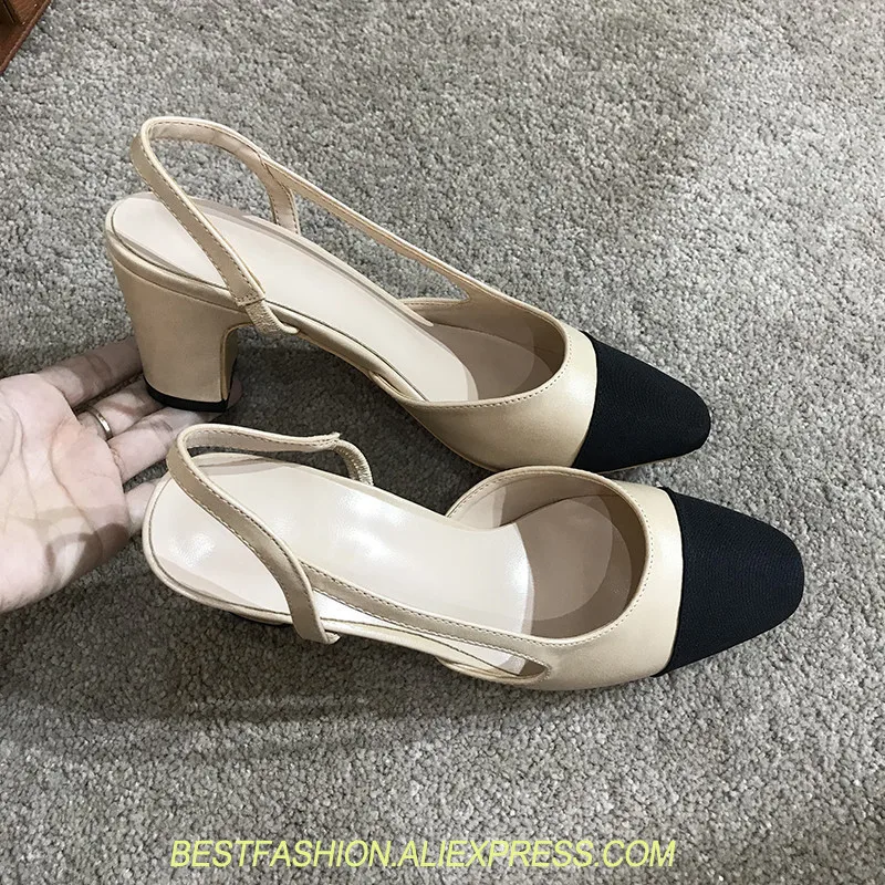 

Cut Out Pumps Buckle Summer Thick High Heel Shoes Women Two-tone Genuine Leather Slingback Sandals Block Heels Spring Shoes