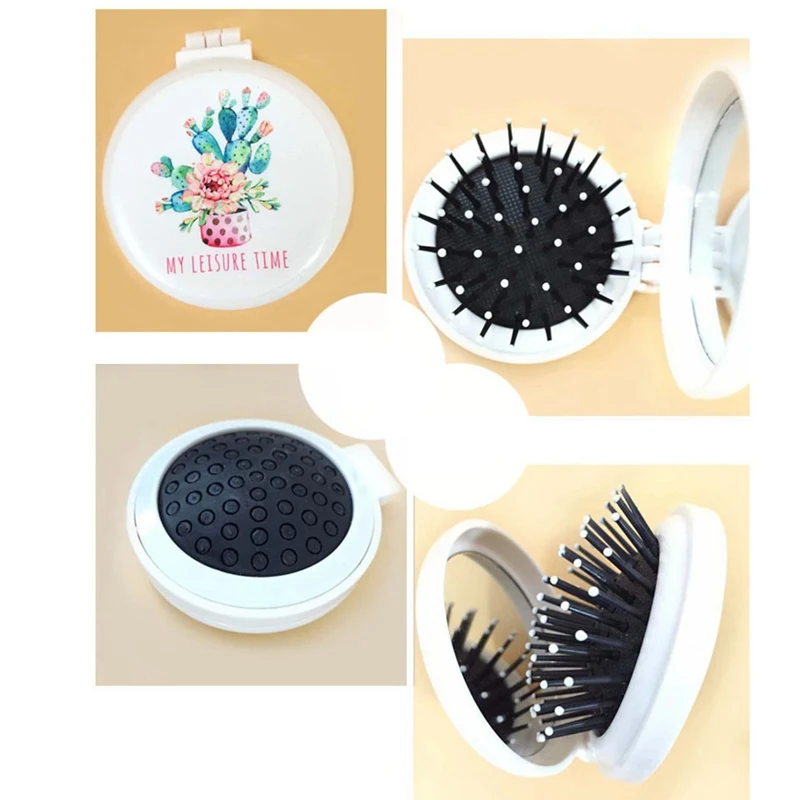 

Portable Round Pocket Small Size Travel Massage Folding Comb Girl Hair Brush With Mirror Styling Tools 4 Colors