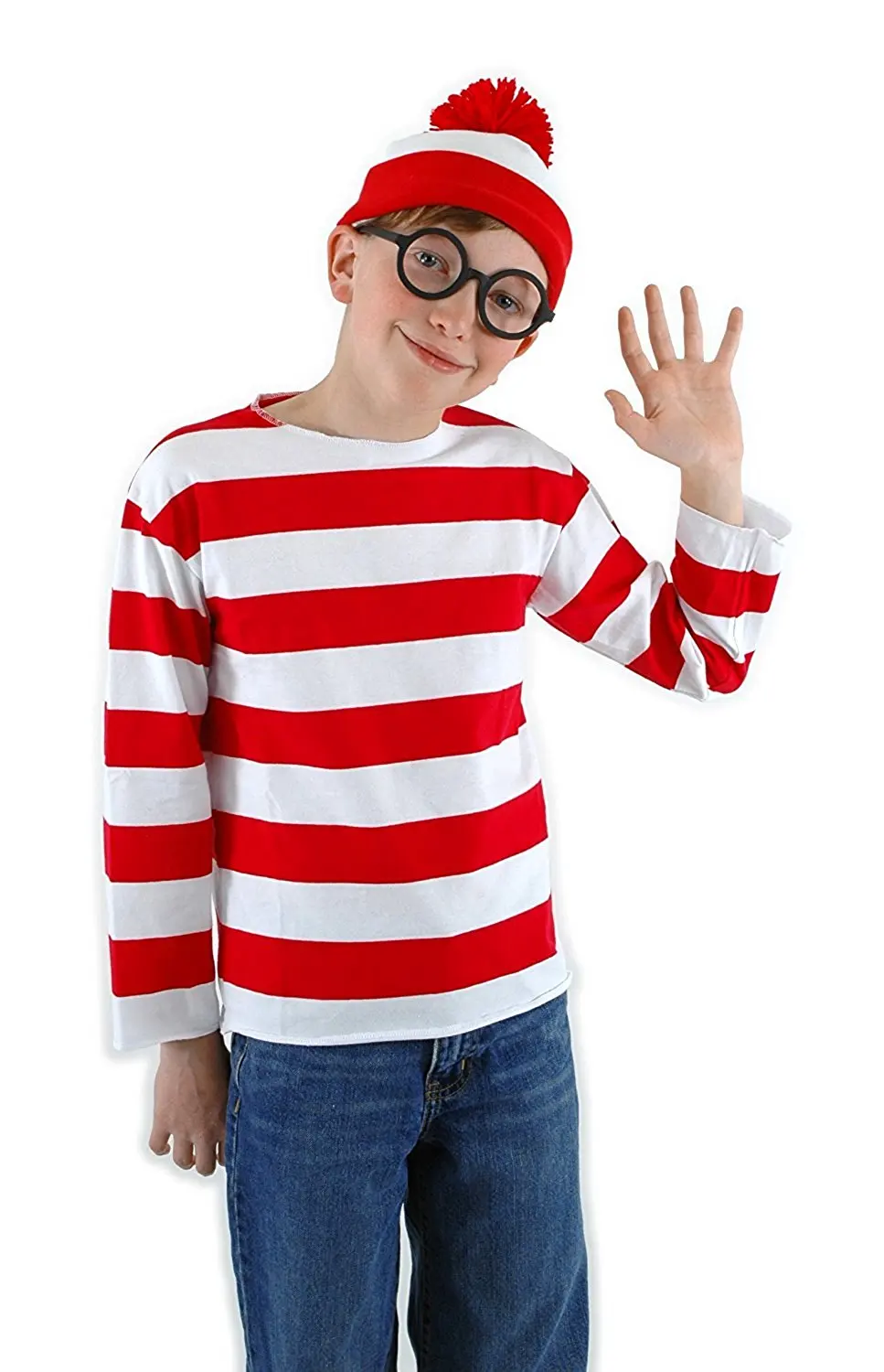 Where/'s Wally Waldo Now Red/&/&White Cosplay Costume Shirt Sweater+Hat+Glasses