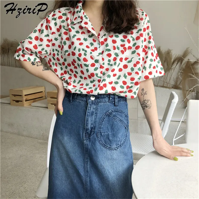 

Hzirip Sweet Simple Print Flowers Loose Sexy 2019 Fashion Turn-Down Collar Casual High Quality Short Sleeve Free Women Shirts