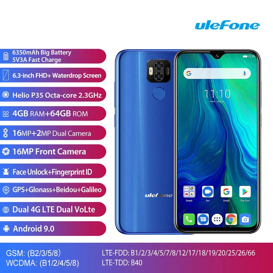 Смартфон Ulefone Power 6 19:5:9 FHD + 3 дюйма Android 9 0 MTK67635V Восьмиядерный 4 Гб 64 ГБ 6350 мАч NFC
