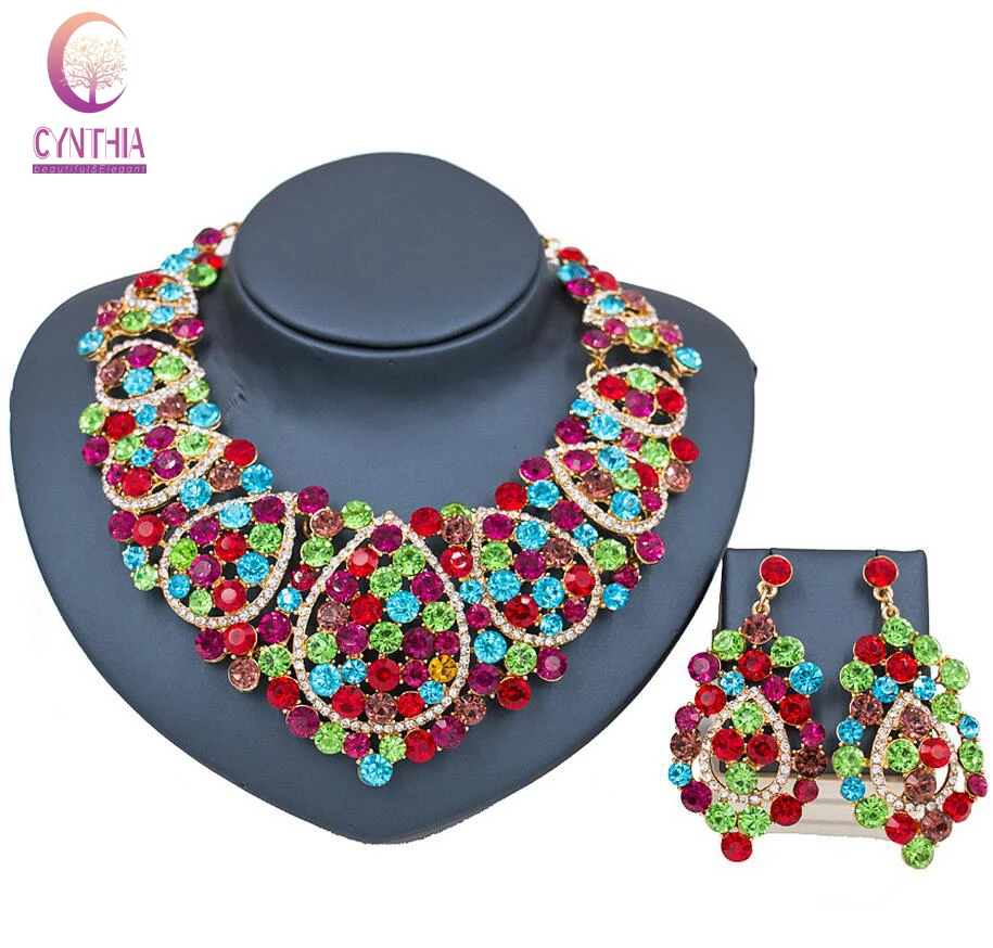 

Lan palace Christmas Gift Gold colour Full Rhinestone Jewelry Set Austrian Crystal Statement Necklace Earrings Wedding Party Set