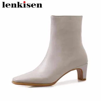 

Lenkisen handmade full grain leather square toe slip on ankle boots big size zipper original design med heels autumn shoes L33