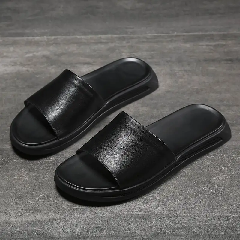

ERRFC Hot Selling Mens Black Slippers Summer New Concise Man Trending Leather Slids Casual Platform Male Sand Shoes Breathable