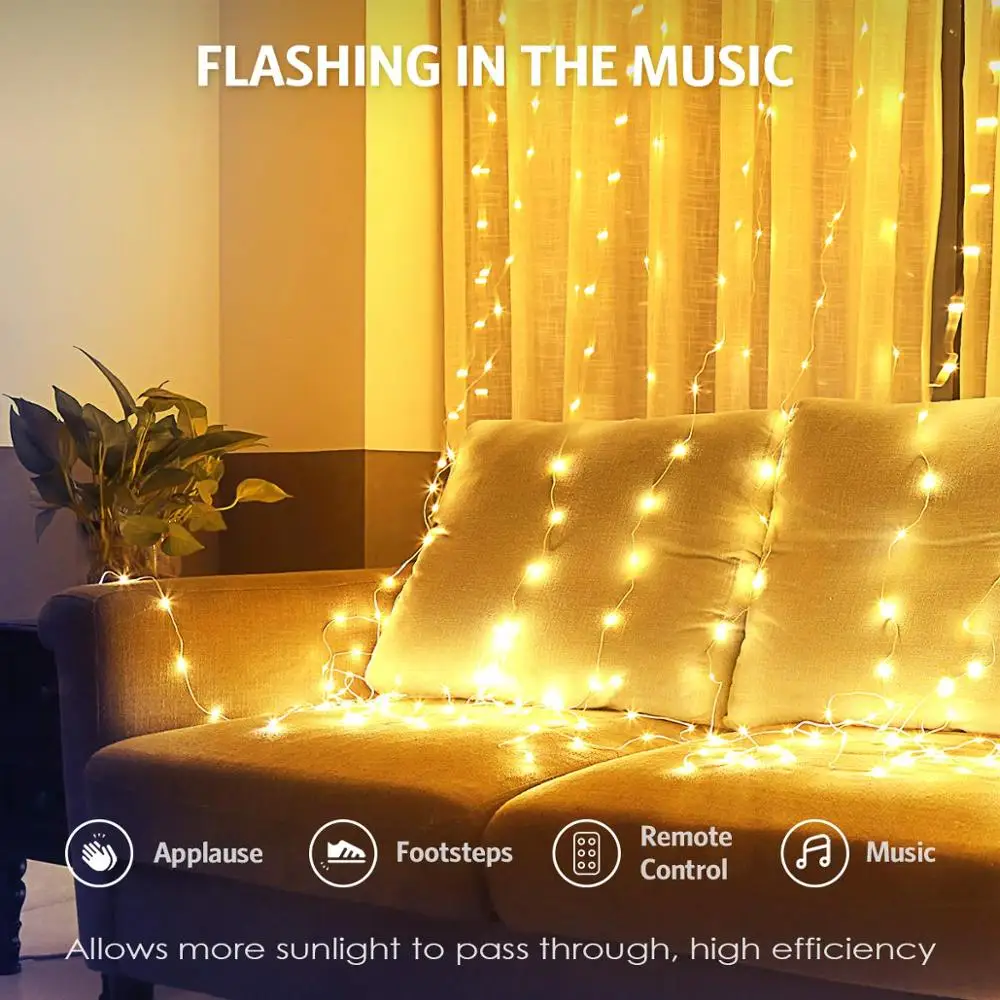 LED Window Curtain String Lights 3X3M Music Sound Control 300 LED Waterproof Twinkle Lights USB Decor Lights for Wedding Party