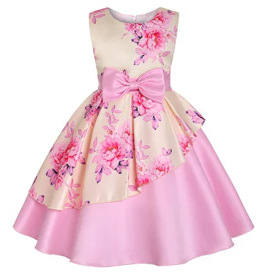 Платье для девочек; Рождественский костюм принцессы; праздничные платья для снежной погоды; детская одежда; Infantil; одежда в полоску с цветочным принтом для девочек; Vestidos - Цвет: Pink