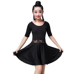 Детские кружевные черные костюмы для латинских танцев для девочек, детский бальный костюм с длинными рукавами, юбка для девочек, сальса ча