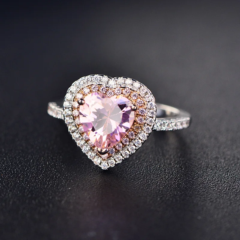 

High Quality Micro Paved Cubic Zirconia Pink Heart Ring for Women CZ Stone Crystal Bague Jewelry zk80