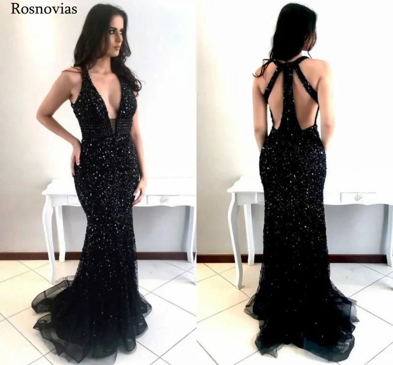 

Black Sexy Mermaid Evening Dresses 2019 Deep V Neck Backless Sweep Train Major Beading Luxury Formal Party Prom Dresses Custom