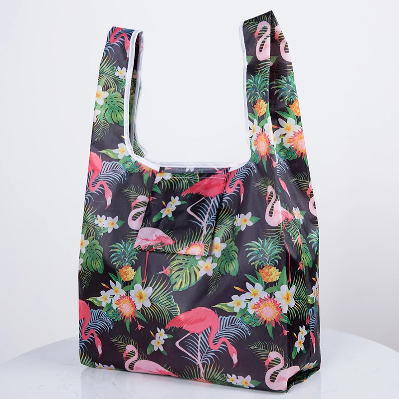 Flamingo Roll UP Polyester green shopping bag foldable tote Reusable Portable Shoulder Folding pouch handbags printing F