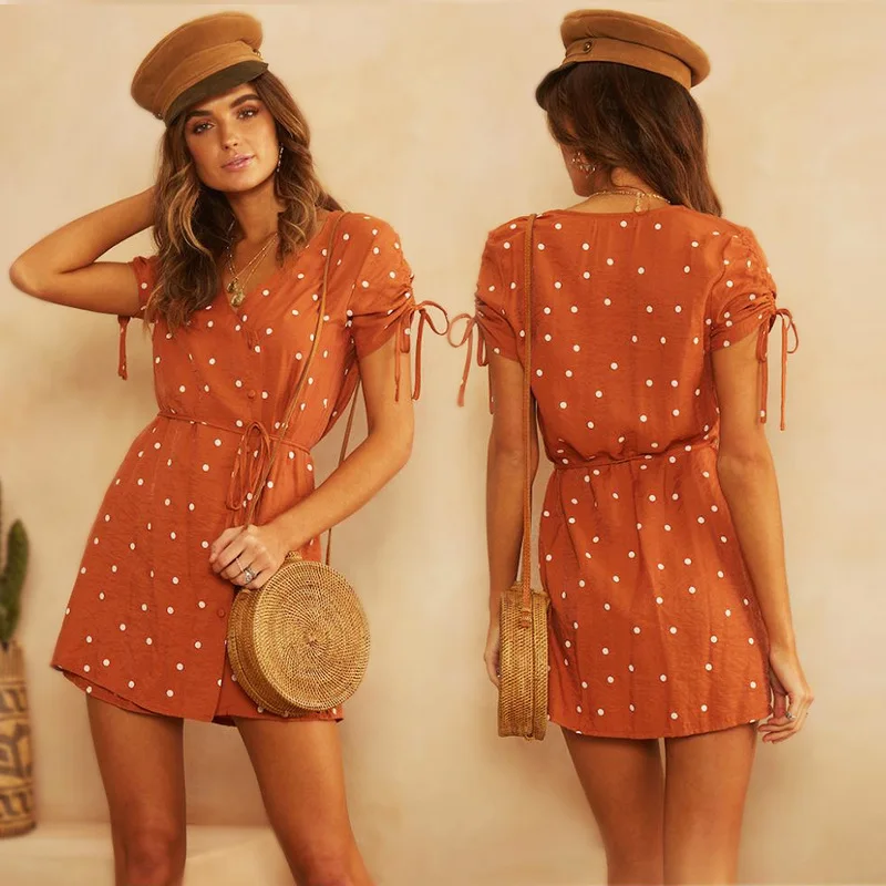

Bohemian Summer Beach Dress Women Dot Short Above Knee Swing Dress