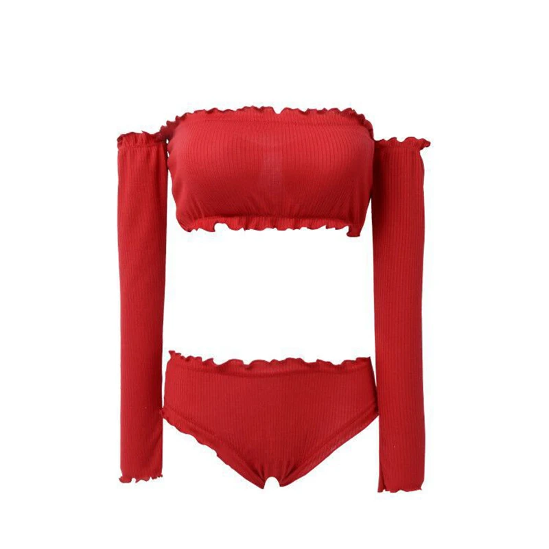 Two-Piece Solid Off Shoulder Long Sleeves Bikini Young Girls Ruffled Low Waist Sexy Swimwear Bikini Beachwear Bathing Suit  (5)