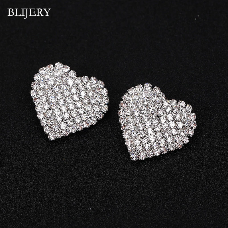 

BLIJERY Bling Full Rhinestone Heart Stud Earrings Fashion Silver Color Crystal Statement Big Wedding Earrings Women Jewelry