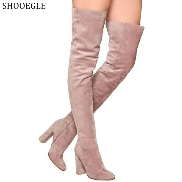 

SHOOEGLE Botas Mujer Dusky Rose Faux Suede Thigh High Boots Block High Heels Over-The-Knee Boots Side Zipper Women Long Boots