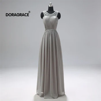 

Doragrace robe de soiree In-Stock Chiffon Long Crystal Beaded Evening Dresses Formal Evening Gowns Gray