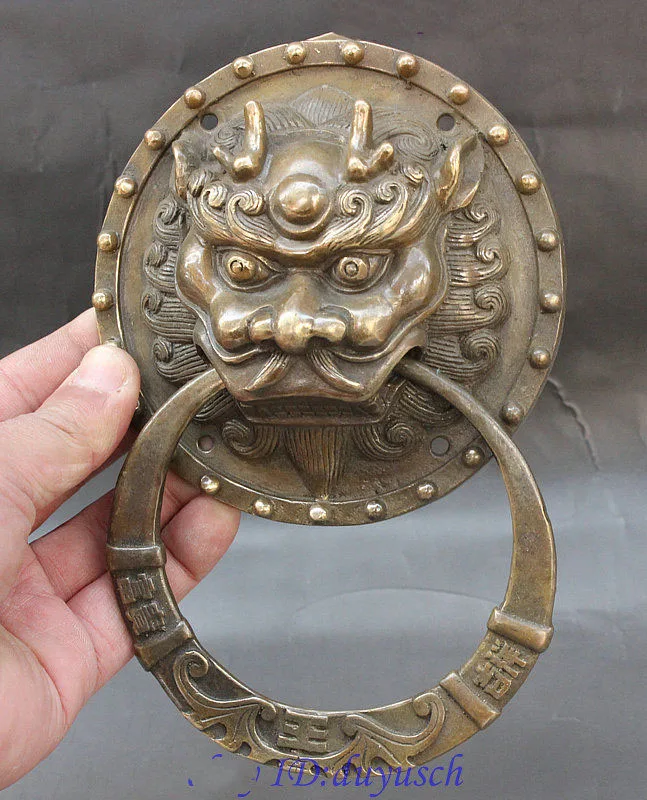 

Crafts statue Chinese Folk FengShui Copper Bronze Evil Dragon Beast Statue Guard Door Knocker