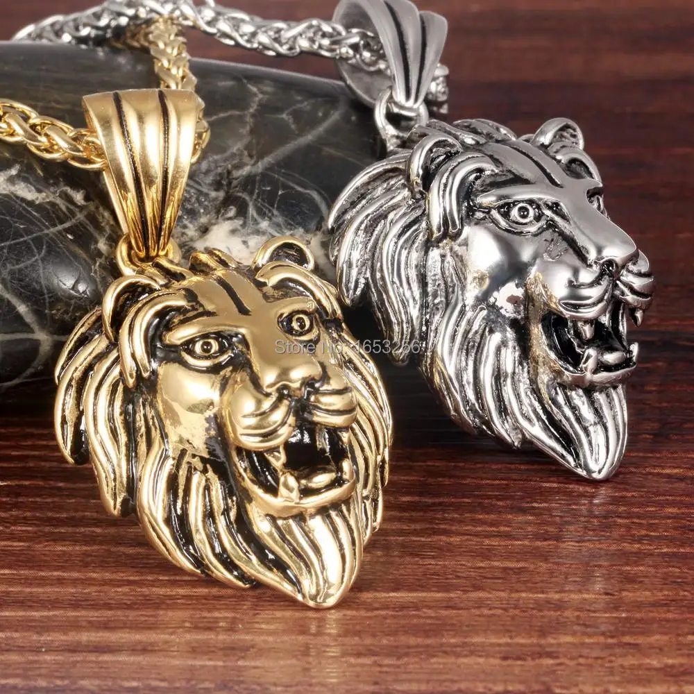 

Casting Silver/ Gold Punk Jewelry 316L Stainless Steel Large Lion Pendant Necklace Huge 4mm Chain 24''