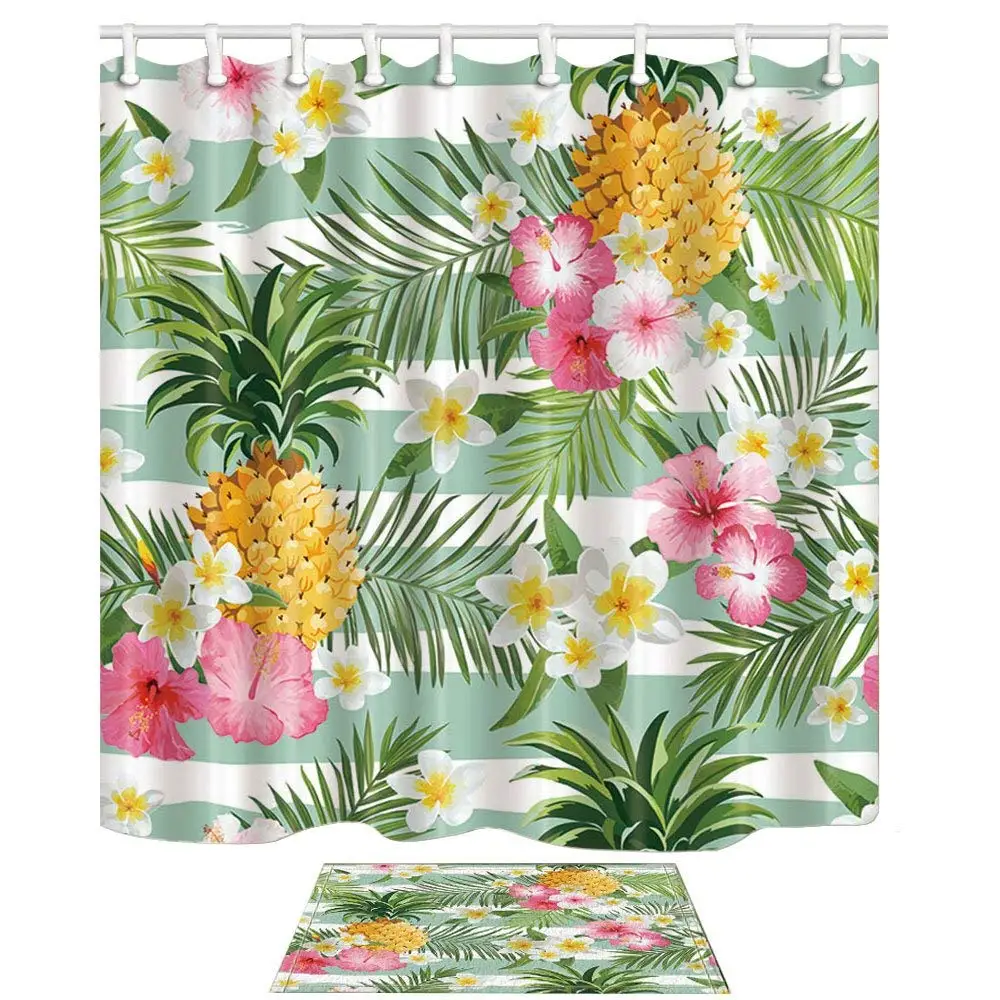 Tropical Fruit Decor Pineapple Palm Leaves Flowers Shower Curtain Suit