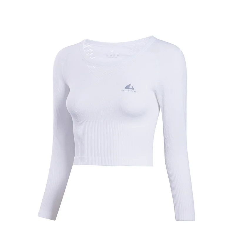 Женская сплошной цвет с длинным рукавом сетки лоскутное укороченный топ, рубашка быстросохнущая эластичные дышащие удобные бег тренажерный зал - Цвет: White