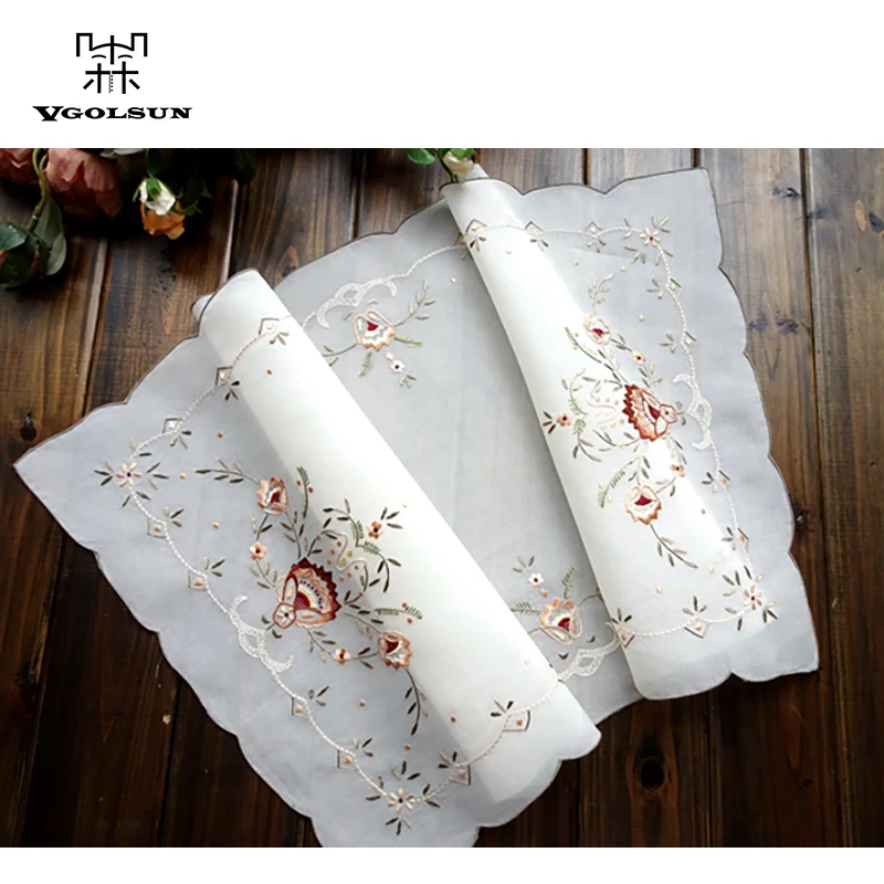 

VGOLSUN New Europe Pastoral Style Home Hotel 35x74CM 100% Silk Handmade Floral Embroidered Table Runner Tafelloper