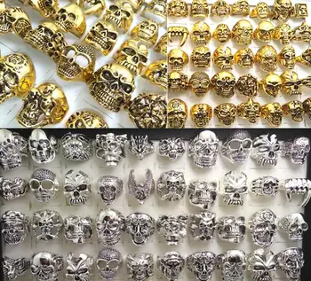 

50pcs Hot Skull Vintage Style Silver Gold Men design mix Rings Man Retro Fashion Rings Wholesale Jewelry Bulks Lots