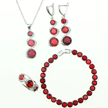 

Square Red Garnet Jewelry Sets 925 Sterling Silver For Women Long Drop Earrings/Bracelet/Pendant/Ring/Necklace Free Gift Box
