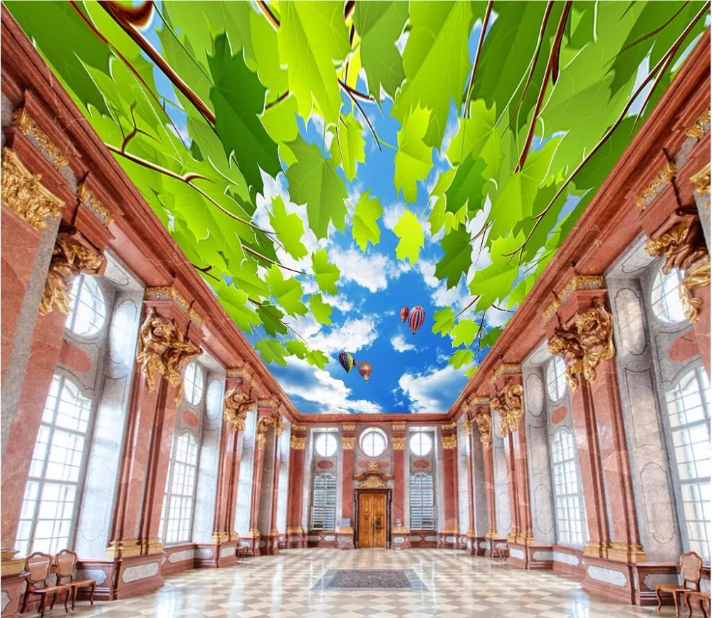 Фотообои на заказ 3d потолочные фрески домашний декор синее небо и зеленые