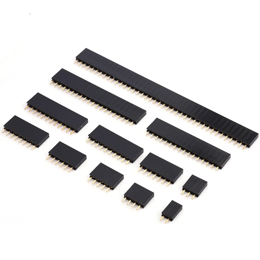 

20pcs 2.54mm Female Header, Single Row, Straight 180o 1x2P-1x40P Optional, 8.5mm plastic height Gold-plated, Rohs