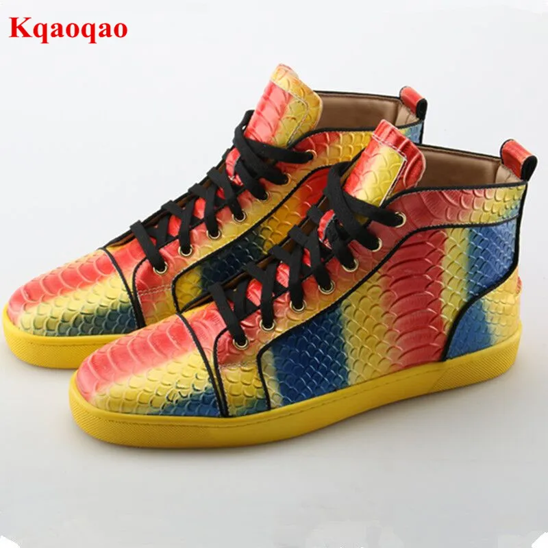

Snake Patter Mixed Color High Top Men Casual Shoes Round Toe Lace Up Fashion Calzado Hombre Comfortable Leisure Male Shoes