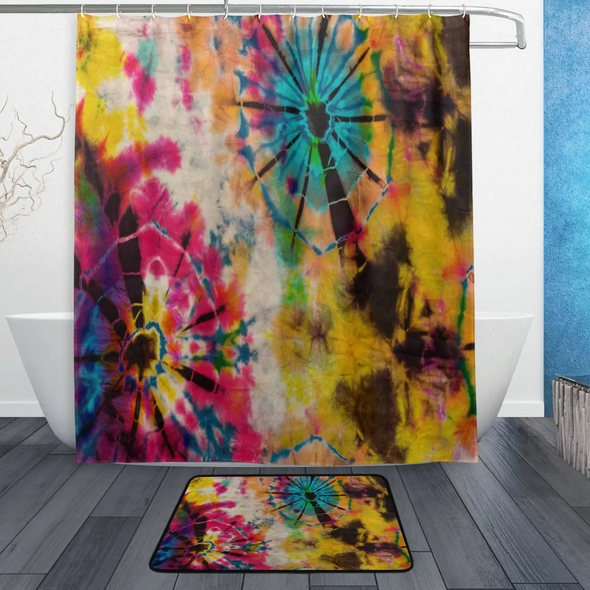 Tie Dye Shower Curtain and Mat Set, Tribal Ethnic Waterproof Fabric