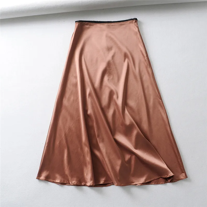Шикарная Элегантная Шелковая юбка миди с завышенной талией, женские юбки с кружевной отделкой, летняя длинная сатиновая юбка макси для женщин - Цвет: Хаки
