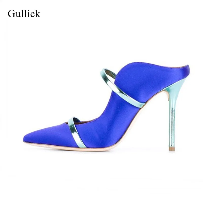 

Plus Size 10 Blue Satin Pointed Toe Women Pumps Metal Decoration Cut-out Dress Shoes Sexy Metal Heels Lady Party Shoes