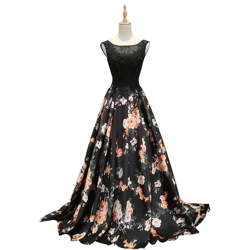 

Real Photos Black Lace Appliques Floral Printed Women Evening Dresses 2019 Long Prom Party Gowns Special Occasion Gowns