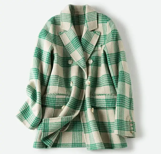 Women Wool Green Plaid Blazer Femme Jacket Double Breasted Long Sleeve
