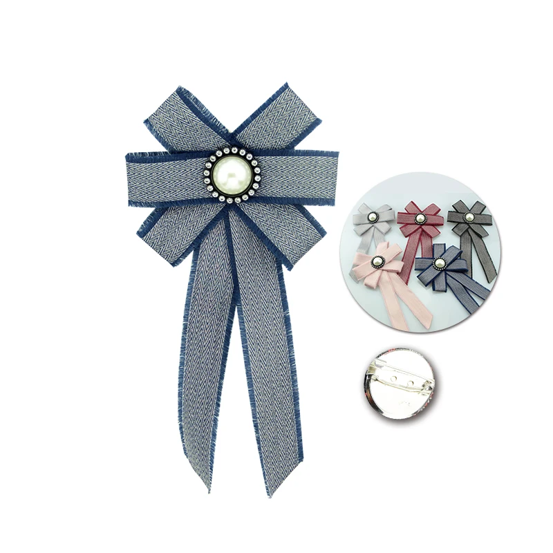 

Crystal Bowknot Ribbon Broche Pins Pearl 10*19CM Stripe Fabric Party Supplies Romantic College Style Brooches For Women Girl