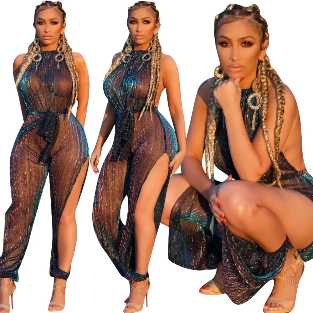 

Women Jumpsuit Sexy Ladies Halter Mesh Sheer Sleeveless Jumpsuits Romper Female backless See through Jumpsuit Women Clothes