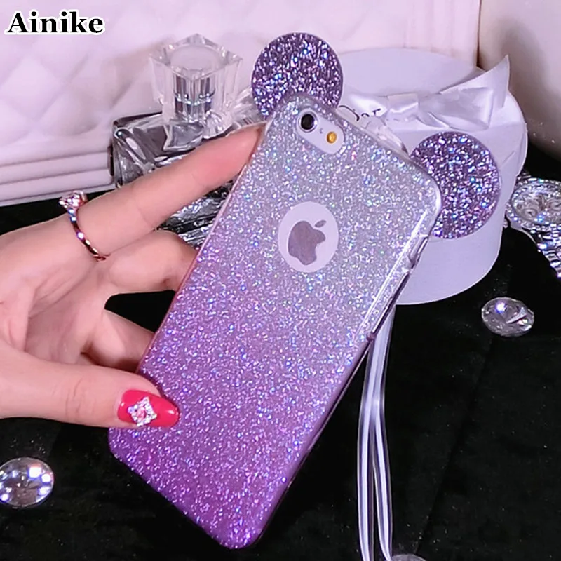 

Ainike Mouse Ear Phone Case Bling Glitter Sticker With Strap For Samsung Galaxy Note8 J730 A3 J520 S5 S6 S7edge S8 S9 Plus G530