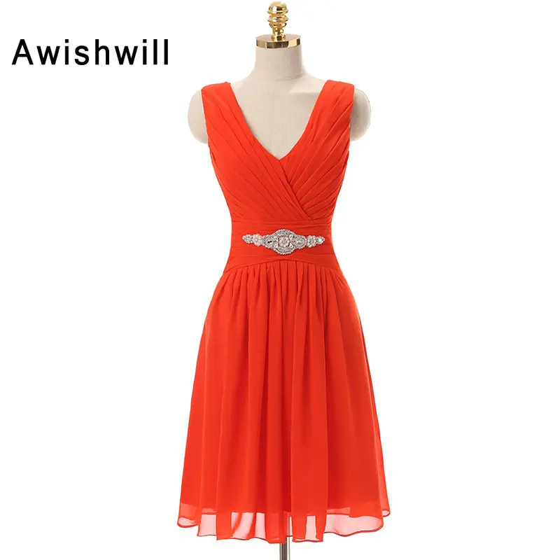 Robe de Cocktail Courte Red Color V neck Crystal Rhinestones Chiffon